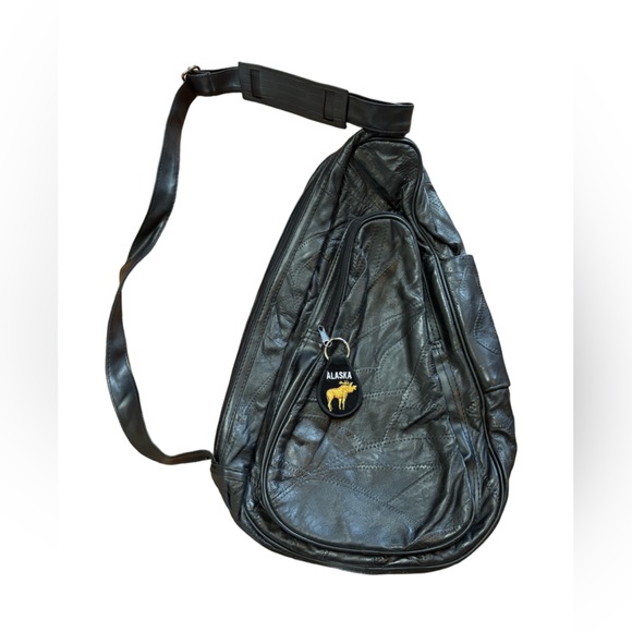 Vintage Leather Sling Backpack – 90s Crossbody Travel Bag with Pockets - Picture 1 of 6